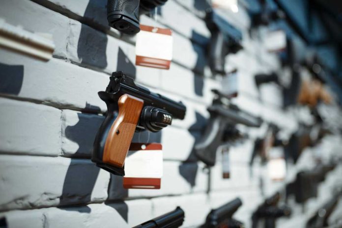 Multiple guns displayed on a wall with price tags