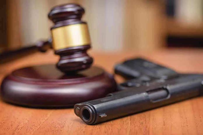 Gavel and handgun on a wooden surface