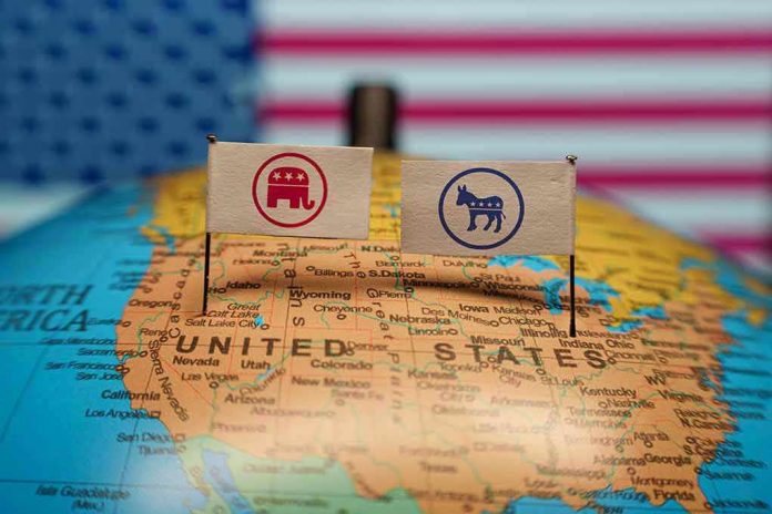 2428155117 Republican and Democratic flags on USA map background
