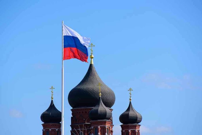 Russian flag next to church domes
