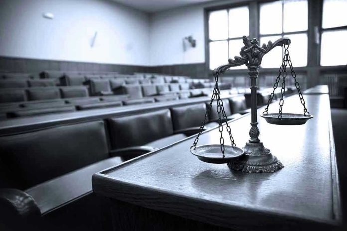 170949320 Scales of justice in an empty courtroom.