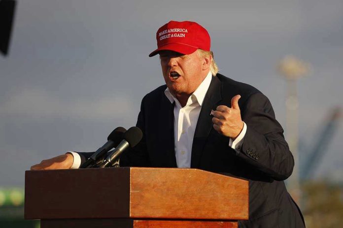 318051161 Person speaking at a podium wearing a red hat.