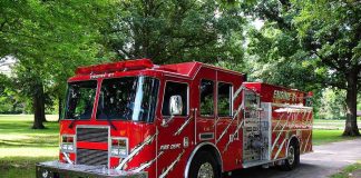 A red fire truck parked in a green park