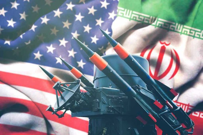 Iran and USA flags with missile launcher.