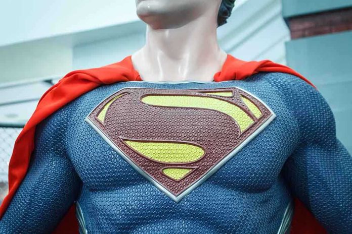 shutterstock_206908987.jpg Close-up of a Superman statue wearing a blue costume and red cape