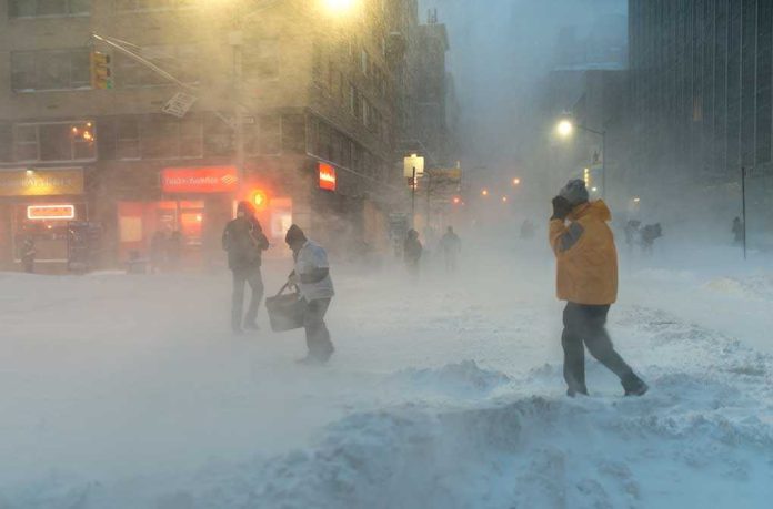 shutterstock_366712163.jpg People walking in a snowy urban street during a blizzard
