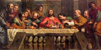 Jesus and disciples seated at a long table.