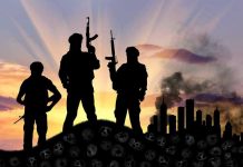 Governor Caught Praising Convicted TERRORIST’S Mosque Three armed silhouettes near a smoky city skyline.