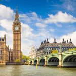 View of Big Ben and the Houses of Parliament beside the River Thames