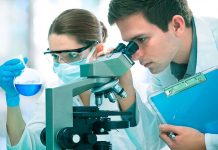 Two scientists conducting an experiment in a laboratory, one looking through a microscope and the other holding a flask with blue liquid
