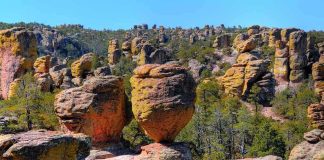 Unique rock formations surrounded by greenery under a clear blue sky