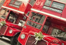 £25,000 VANISHED — Elderly Bride Takes Revenge Two red double-decker buses decorated for a wedding with Just Married signs