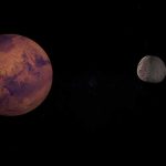 A depiction of Mars and its moon in outer space