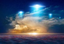 Admiral Makes SHOCK UFO Claims Glowing lights above dramatic sunset clouds.