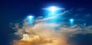 Admiral Makes SHOCK UFO Claims Glowing lights above dramatic sunset clouds.