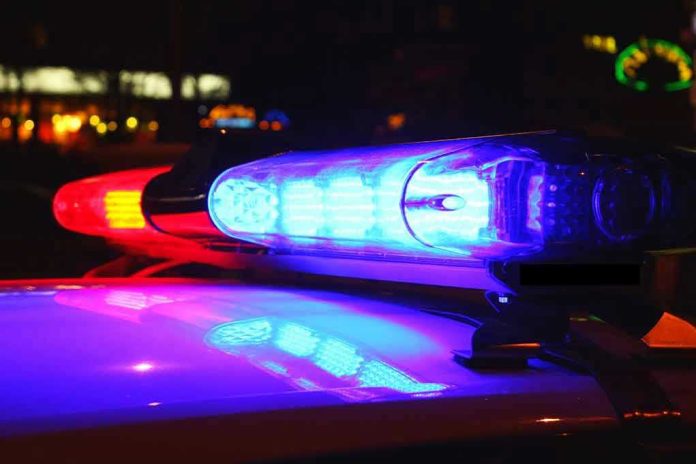Police car lights flashing red and blue.