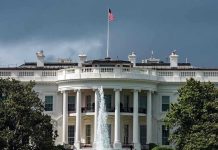 White House Brawl ERUPTS In Front Of Trump! White House with American flag and fountain, stormy sky.