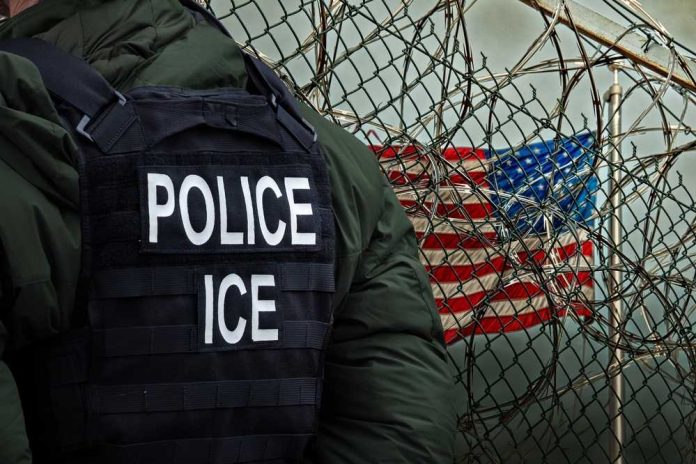 shutterstock_2738701695 Police officer in tactical gear standing near a barbed wire fence with an American flag in the background