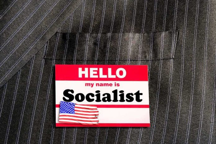 Name tag on a pinstripe suit jacket pocket