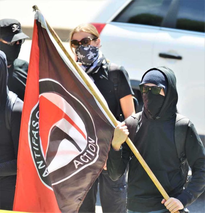 Masked protesters holding a black and red flag