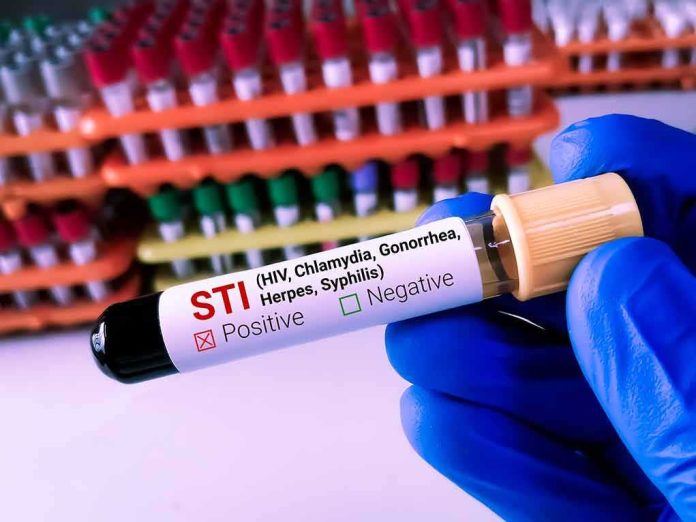 Gloved hand holding an STI test tube labeled positive