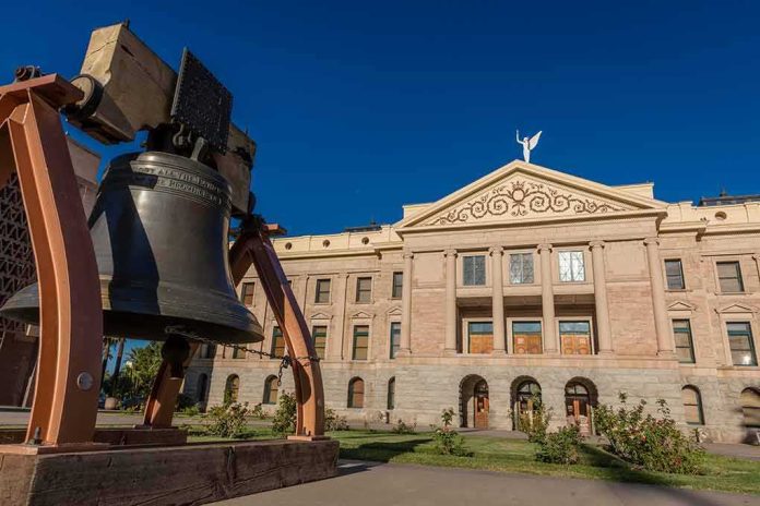 Large bronze bell in front of a neoclassical government building