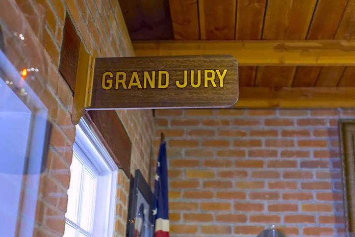 Grand jury sign in a brick-walled hallway