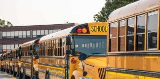 Row of yellow school buses parked outside a brick school