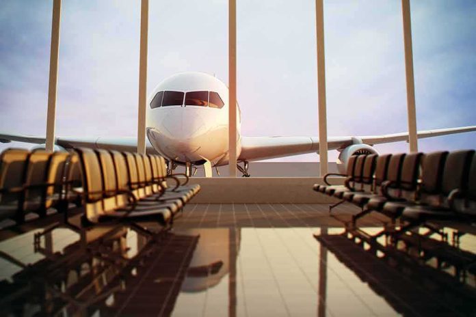 shutterstock_124713472 Airplane seen through terminal windows with empty gate seating