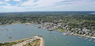 Aerial view of a coastal harbor with boats and a seaside town