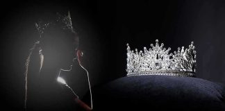 Silhouette of a crowned woman beside a jeweled tiara on a cushion