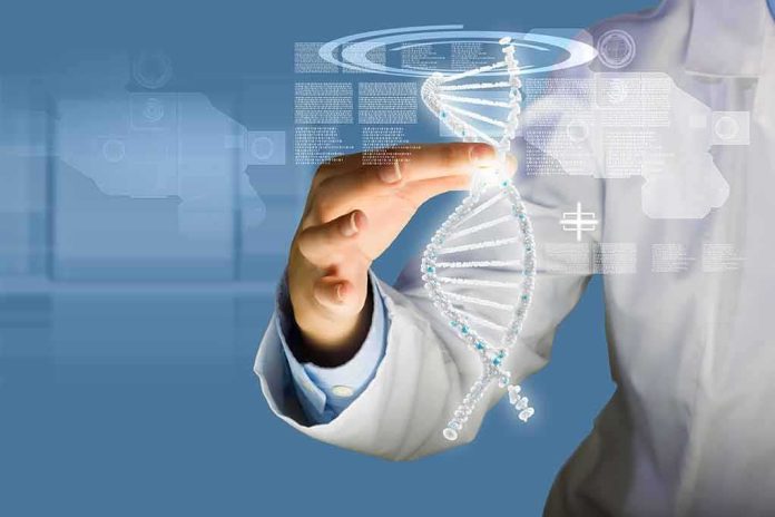 shutterstock_152934302 Scientist touching a digital DNA helix
