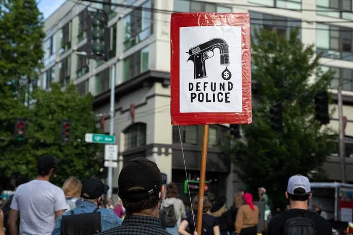 shutterstock_1754701871 Protesters holding a red sign in a city street