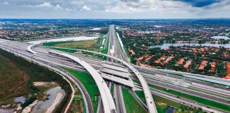 Aerial view of a multi-level highway interchange