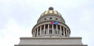 Capitol building dome with columns and a flag