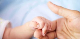 baby hand holding adult finger