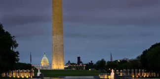 Washington Monument and reflecting pool at dusk