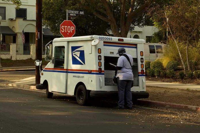 shutterstock_1862757586 Mail carrier standing behind a USPS truck on a suburban street