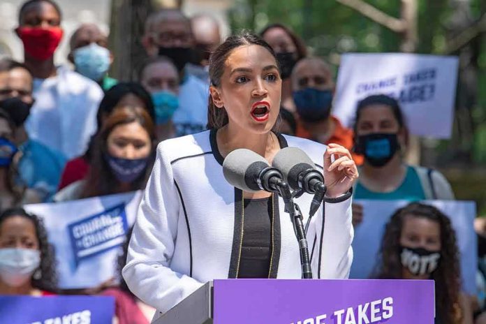 shutterstock_1987838789 Woman speaking at outdoor podium with microphones