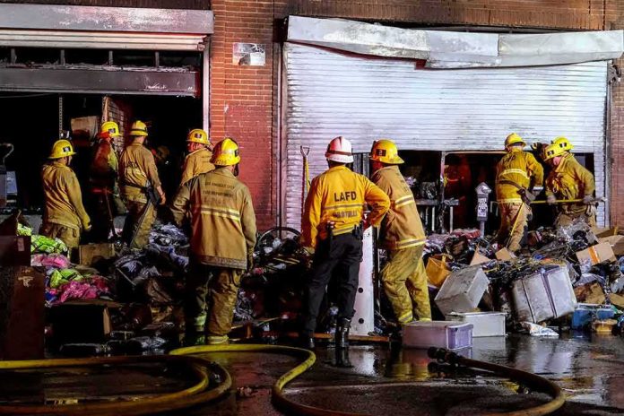 shutterstock_1988032958 Firefighters work outside a damaged warehouse with debris and hoses
