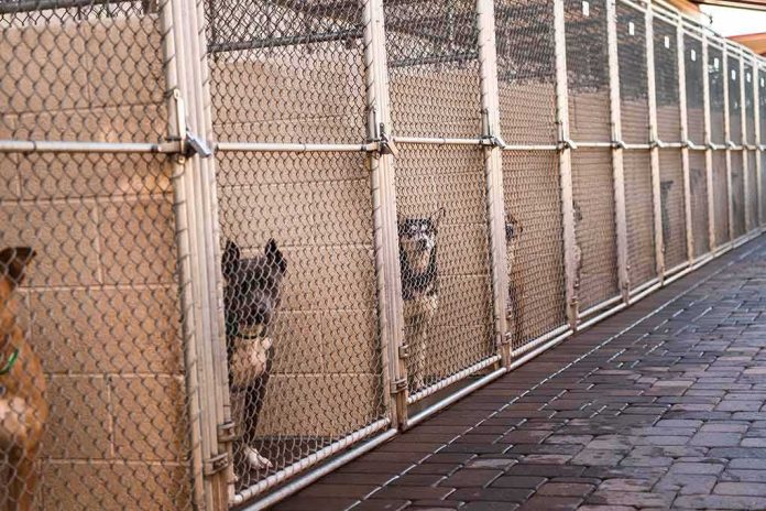 shutterstock_2169008345 Dogs in chain-link kennels along a walkway