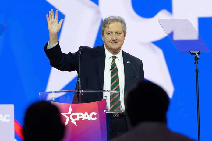 John Neely Kennedy waves while speaking at a podium on a brightly lit stage