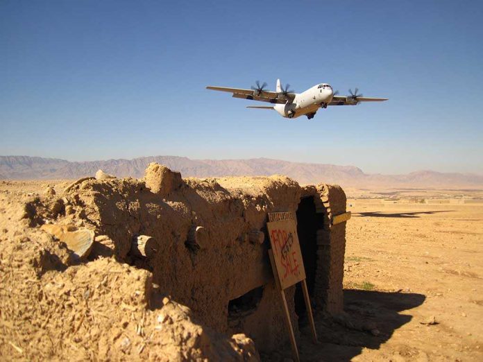 shutterstock_45689446 Military aircraft flying over a desert with an abandoned bunker and a for sale sign