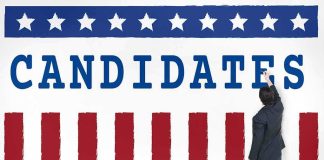 Man in suit writing on wall with word candidates and patriotic design