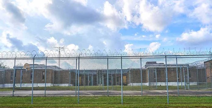 Prison yard behind chain-link and razor wire fence