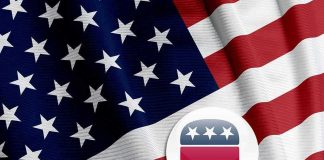 American flag with Republican elephant emblem