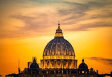 Pope Breaks Silence After Emergency Surgery St. Peter's Basilica dome at sunset