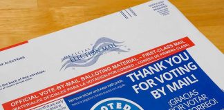 Trump Sues State – Weeks Before Midterms Mail-in ballot envelope with thank you message and I Voted sticker