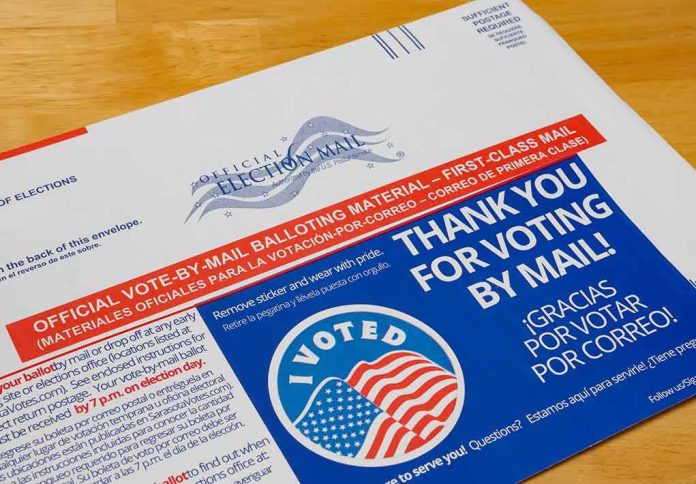 Mail-in ballot envelope with thank you message and I Voted sticker