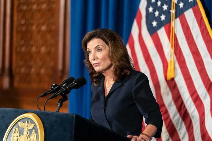 shutterstock_2023461065-1 Kathy Hochul speaking at a podium with microphones and a U.S. flag behind her